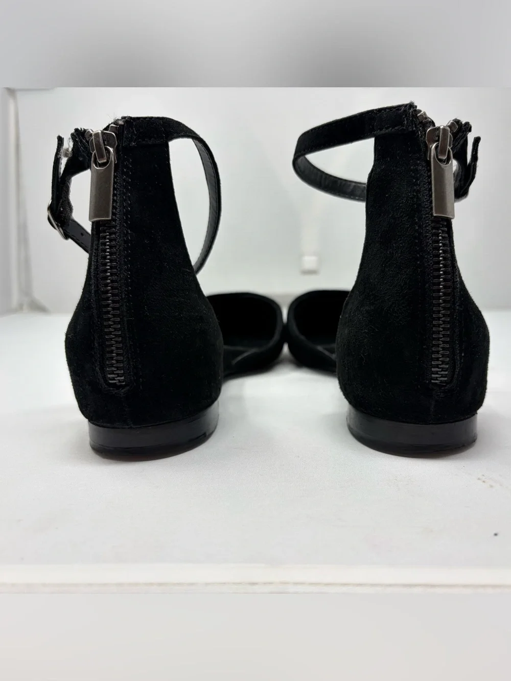 Seychelles Plateau d'Orsay Flats Black Suede Leather 9.5 Ankle Strap Pointy Toe